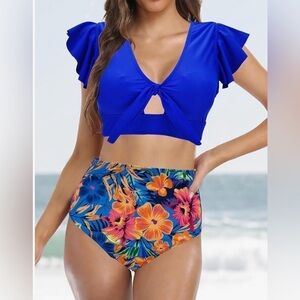 Women’s SMALL High Waist Bikini with Front Knot Ruffle NWT‎